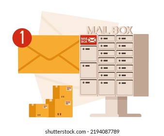 Beige mailbox shelf for apartment building with cardboard boxes and envelope ready to send package delivery concept vector illustration isolated on white background