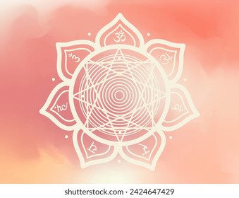 Beige mandala adorned with a star and chakra symbols, set against a soothing peach rose pastel gradient background. A symbol of balance and spiritual awakening. Vector illustration.