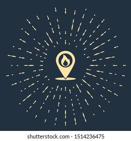 Beige Map pointer with fire flame icon isolated on dark blue background. Fire nearby. Abstract circle random dots. Vector Illustration