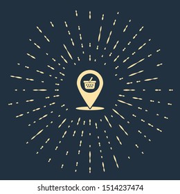 Beige Map pointer with shopping basket icon isolated on dark blue background. Pin point shop and shopping. Supermarket basket symbol. Abstract circle random dots. Vector Illustration