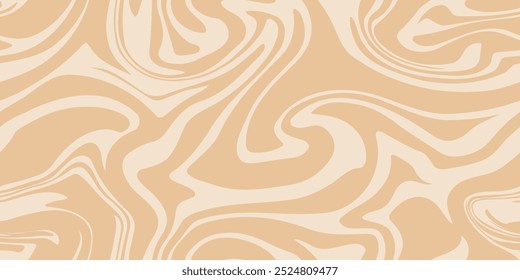 Beige marble acrylic swirl seamless pattern. Coffee latte, caramel, ice cream texture. 1970s trippy psychedelic waves print background. 