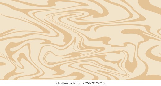 Beige marble acrylic swirl seamless pattern. Coffee latte, caramel, ice cream texture. 1970s trippy psychedelic waves print background.