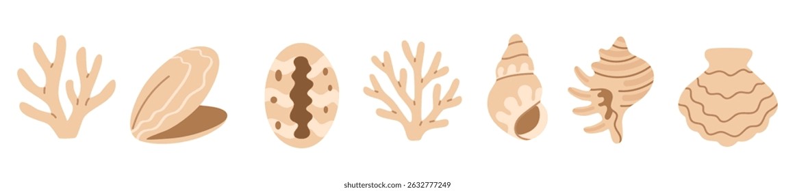 Beige marine vector collection featuring clams, cowries, conch shells, and coral in flat minimal style on white background