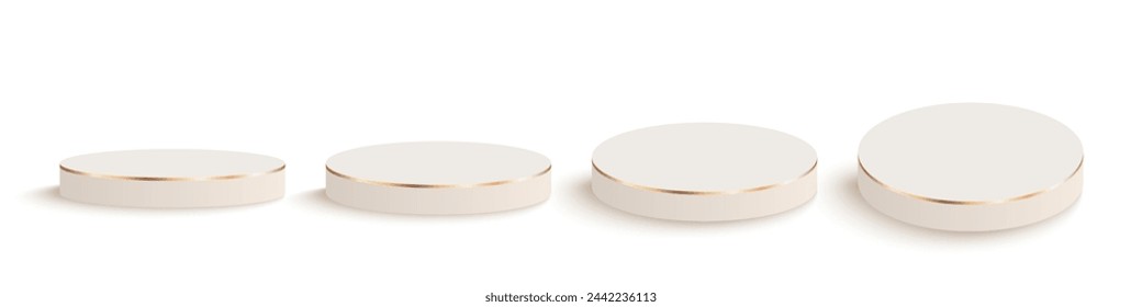 Beige matte round podium with gold trim, winner platform or product display from different angles. Cream round stage, exhibition stand isolated on transparent background, 3d vector.