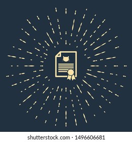 Beige Medical certificate for travel with dog or cat icon isolated on dark blue background. Document for pet. Dog or cat paw print. Abstract circle random dots. Vector Illustration