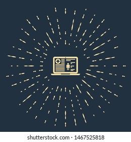 Beige Medical clinical record on laptop icon isolated on dark blue background. Health insurance form. Prescription, medical check marks report. Abstract circle random dots. Vector Illustration