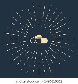 Beige Medicine pill or tablet icon isolated on dark blue background. Capsule pill and drug sign. Pharmacy design. Abstract circle random dots. Vector Illustration