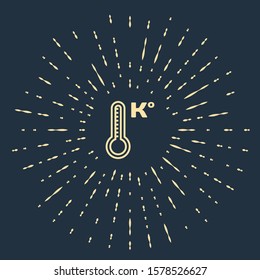 Beige Meteorology thermometer measuring heat and cold icon isolated on dark blue background. Temperature Kelvin. Abstract circle random dots. Vector Illustration