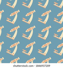 Beige microscope silhouettes seamless doodle pattern. Blue pastel background. Cartoon bio lab print. Decorative backdrop for wallpaper, textile, wrapping paper, fabric print. Vector illustration.