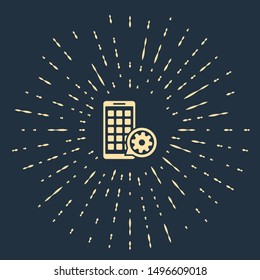 Beige Mobile Apps and gear icon isolated on dark blue background. Adjusting app, service concept, setting options, maintenance, repair, fixing. Abstract circle random dots. Vector Illustration