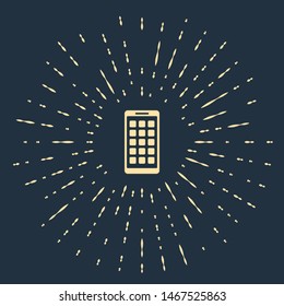 Beige Mobile Apps icon isolated on dark blue background. Smartphone with screen icons, applications. mobile phone showing screen. Abstract circle random dots. Vector Illustration