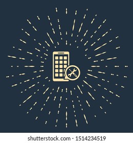 Beige Mobile Apps with screwdriver and wrench icon isolated on dark blue background. Adjusting, service, setting, maintenance, repair, fixing. Abstract circle random dots. Vector Illustration