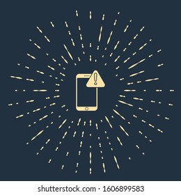 Beige Mobile phone with exclamation mark icon isolated on blue background. Alert message smartphone notification. Abstract circle random dots. Vector Illustration
