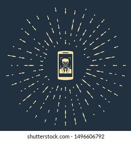 Beige Mobile phone and face recognition icon isolated on dark blue background. Face identification scanner icon. Facial id. Cyber security. Abstract circle random dots. Vector Illustration