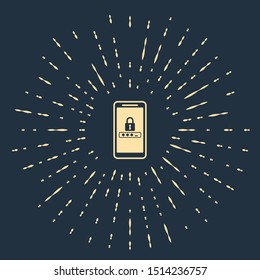 Beige Mobile phone and password protection icon isolated on dark blue background. Security, safety, personal access, user authorization, privacy. Abstract circle random dots. Vector Illustration