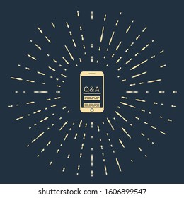 Beige Mobile phone with Question and Exclamation icon isolated on blue background. Frequently asked questions. Abstract circle random dots. Vector Illustration