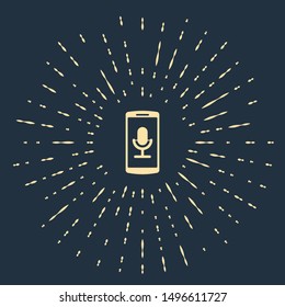 Beige Mobile recording icon isolated on dark blue background. Mobile phone with microphone. Voice recorder app smartphone interface. Abstract circle random dots. Vector Illustration