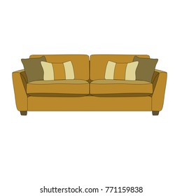 Beige modern sofa with throw pillows. Front view. Vector illurstraion, isolation on white background.