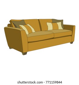 Beige modern sofa with throw pillows. Perspective view. Vector illurstraion, isolation on white background.