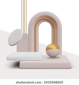 Beige modern stage for presenting different geometrical figures in white and gold colors