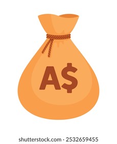 Bolso de dinero beige con un signo de dólar australiano y corbata marrón. Economía, finanzas, riqueza, ganancias, ingresos, banca, concepto de moneda AUD. Ilustración vectorial plana aislada en un fondo blanco	
