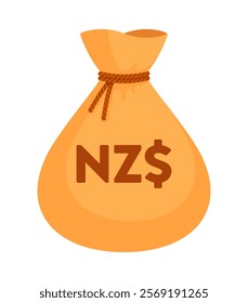 Beige money bag with New Zealand dollar sign ($, NZ$). Economy, finance, wealth, profit, income, banking, NZD currency concept. Flat vector illustration isolated on a white background