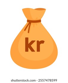 Beige money bag with Swedish (SEK), Norwegian (NOK), Danish krone (DKK). Economy, finance, wealth, profit, income, banking, kr currency concept. Flat vector illustration isolated on a white background