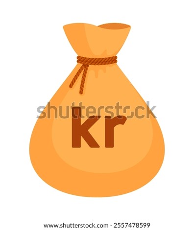 Beige money bag with Swedish (SEK), Norwegian (NOK), Danish krone (DKK). Economy, finance, wealth, profit, income, banking, kr currency concept. Flat vector illustration isolated on a white background