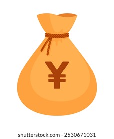 Beige money bag with a Yen sign and brown rope tie. Economy, finance, wealth, profit, income, banking, Japanese currency (JPY) concept. Flat vector illustration isolated on a white background