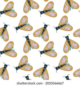 Beige moths, seamless pattern in the style of Scandinavian minimalism. Pattern of ocher insects on a white background. Vector illustration for packaging, textiles, print design, kids clothes.