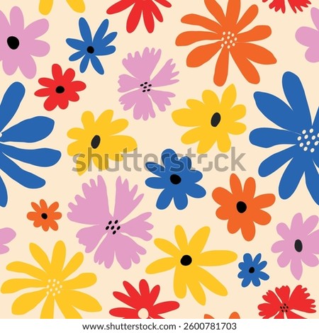 Beige naive funny seamless pattern with cute flowers. Floral background