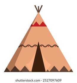 Beige native american teepee tent with a brown entrance decorated with red and brown ornaments and standing on the ground