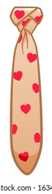 Beige necktie with pink hearts pattern isolated illustration. Happy Valentine's Day. White background, vector.
