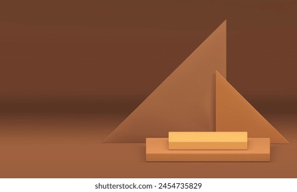 Beige neutral 3d podium pedestal geometric showroom promo space realistic vector illustration. Brown pastel squared stand with triangle wall background for product commercial presentation show