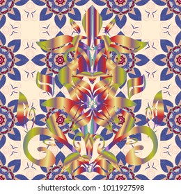 Beige, neutral and blue colors. Tiled mandala design, best for print fabric or papper and more. Boho style flower seamless pattern. Vector Mandala.