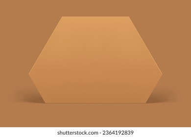 Beiger neutraler, sechseckiger 3D-Wandgeometrischer Ständer für kommerzielle Werbung realistische Vektorgrafik. Pastellbraunes Hexagon-Dekorationselement, leerer Studiohintergrund für Produktshow