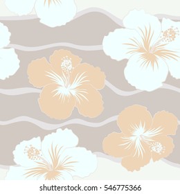 Beige and neutral hibiscus flowers in a trendy vector style. Hawaiian tropical natural floral seamless pattern in beige and neutral colors.