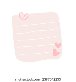 beige note paper post with hearts. Love romantic sticker on wall. Valentine greeting card, wedding, design Notepad Vector illustration