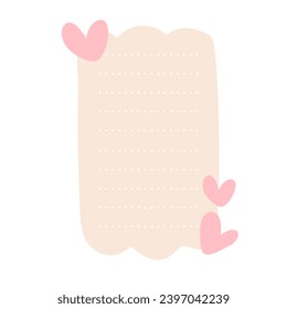 beige note paper post with hearts. Love romantic sticker on wall. Valentine greeting card, wedding, design Notepad Vector illustration