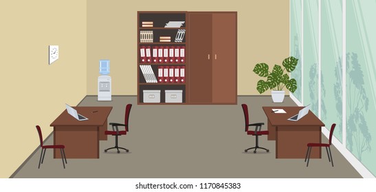 Beige office room with a large window. There are desks, red chairs, cabinets for documents, water cooler and a flower in the picture. Vector illustration.