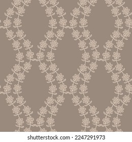 Beige ogee foliage vector seamless pattern background with hand drawn ornamental leaves. Neutral elegant geometric foliage deocrative backdrop. Botanical lattice repeat for flyer, packaging, template