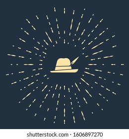 Beige Oktoberfest hat icon isolated on blue background. Hunter hat with feather. German hat. Abstract circle random dots. Vector Illustration