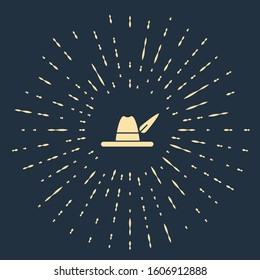 Beige Oktoberfest hat icon isolated on blue background. Hunter hat with feather. German hat. Abstract circle random dots. Vector Illustration