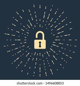 Beige Open padlock icon isolated on dark blue background. Opened lock sign. Cyber security concept. Digital data protection. Safety safety. Abstract circle random dots. Vector Illustration