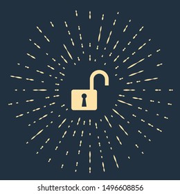 Beige Open padlock icon isolated on dark blue background. Opened lock sign. Cyber security concept. Digital data protection. Safety safety. Abstract circle random dots. Vector Illustration