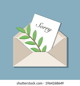 Beige opened envelope with handwritten message Sorry and olive branch as a symbol of peace inside. With shadow, isolated on blue background. Vector illustration, trendy style, cozy pastel colours