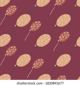 Beige and orange balloons doodle seamless pattern. Holiday ornament with rings print. Maroon background. Perfect for wallpaper, textile, wrapping paper, fabric print. Vector illustration.