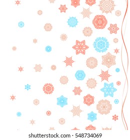 Beige, orange and blue snowflakes seamless pattern in abstract style. New Year 2017 art. Freehand ethnic Xmas sketch. Ornamental artistic vector illustration in motley colors for Merry christmas cards