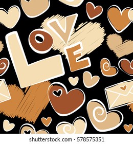Beige, orange and brown hearts, love text and letter, abstract seamless pattern on black. Vector Valentine Day design for greeting card. Sketch heart art of marker drawing for valentines cards.