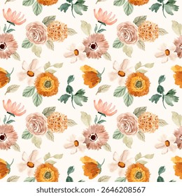 beige orange floral watercolor seamless pattern